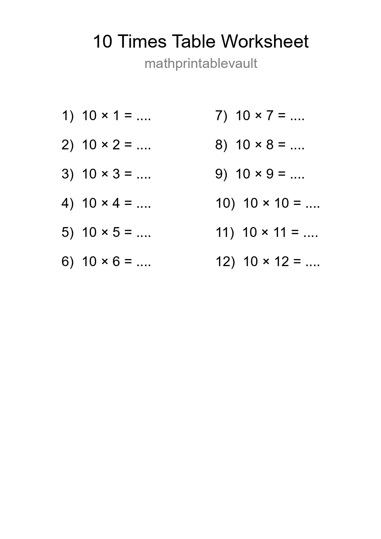 10 Times Table Worksheet For Grade 3 With Answers - Part 163