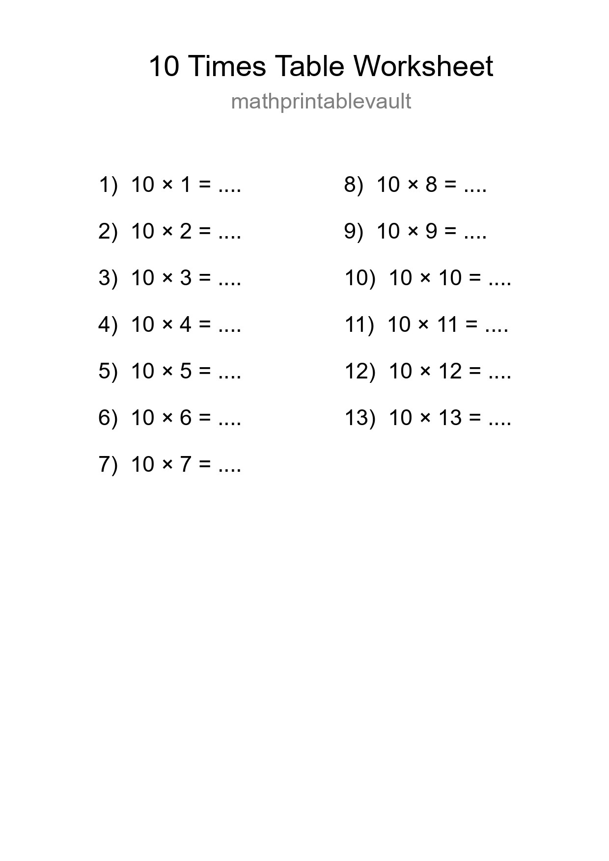 10 Times Table Worksheet For Grade 3 With Answers - Part 42