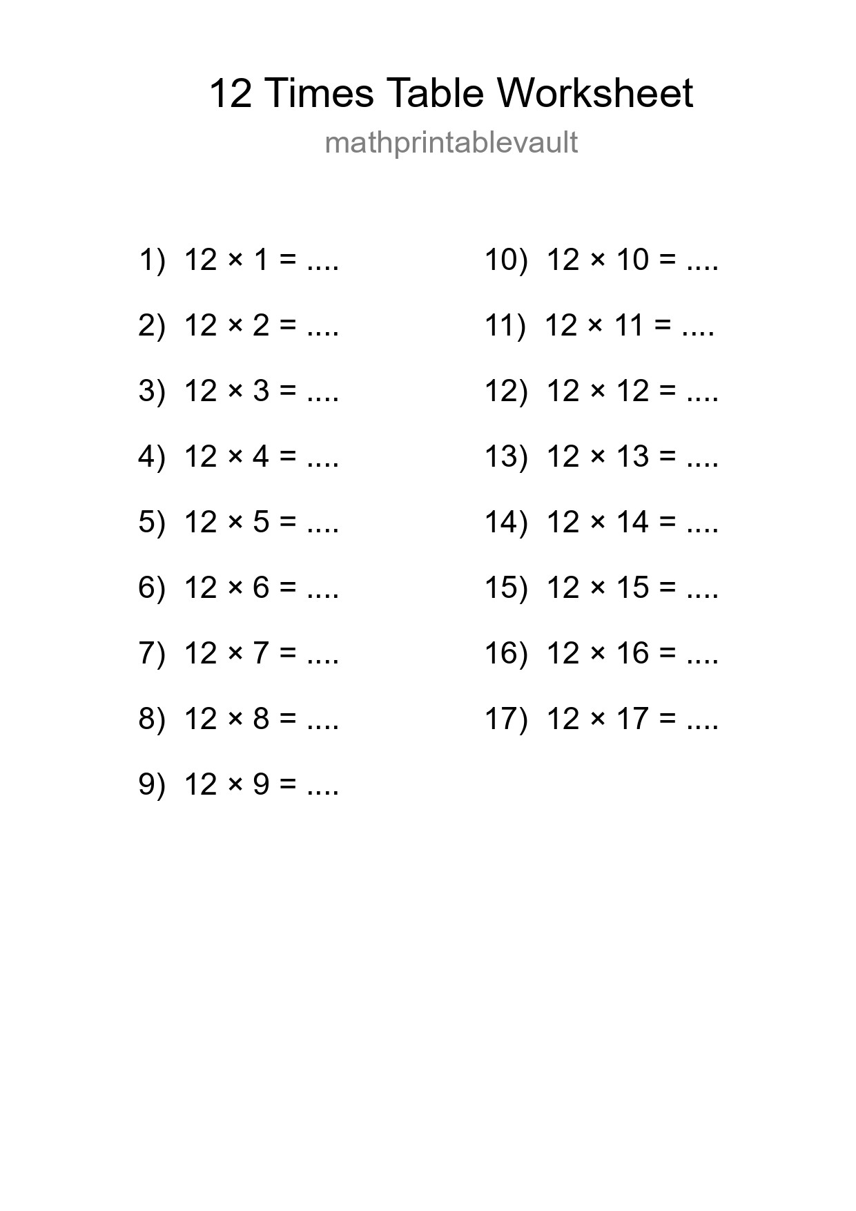 Printable Times Table Worksheet for Grade 4