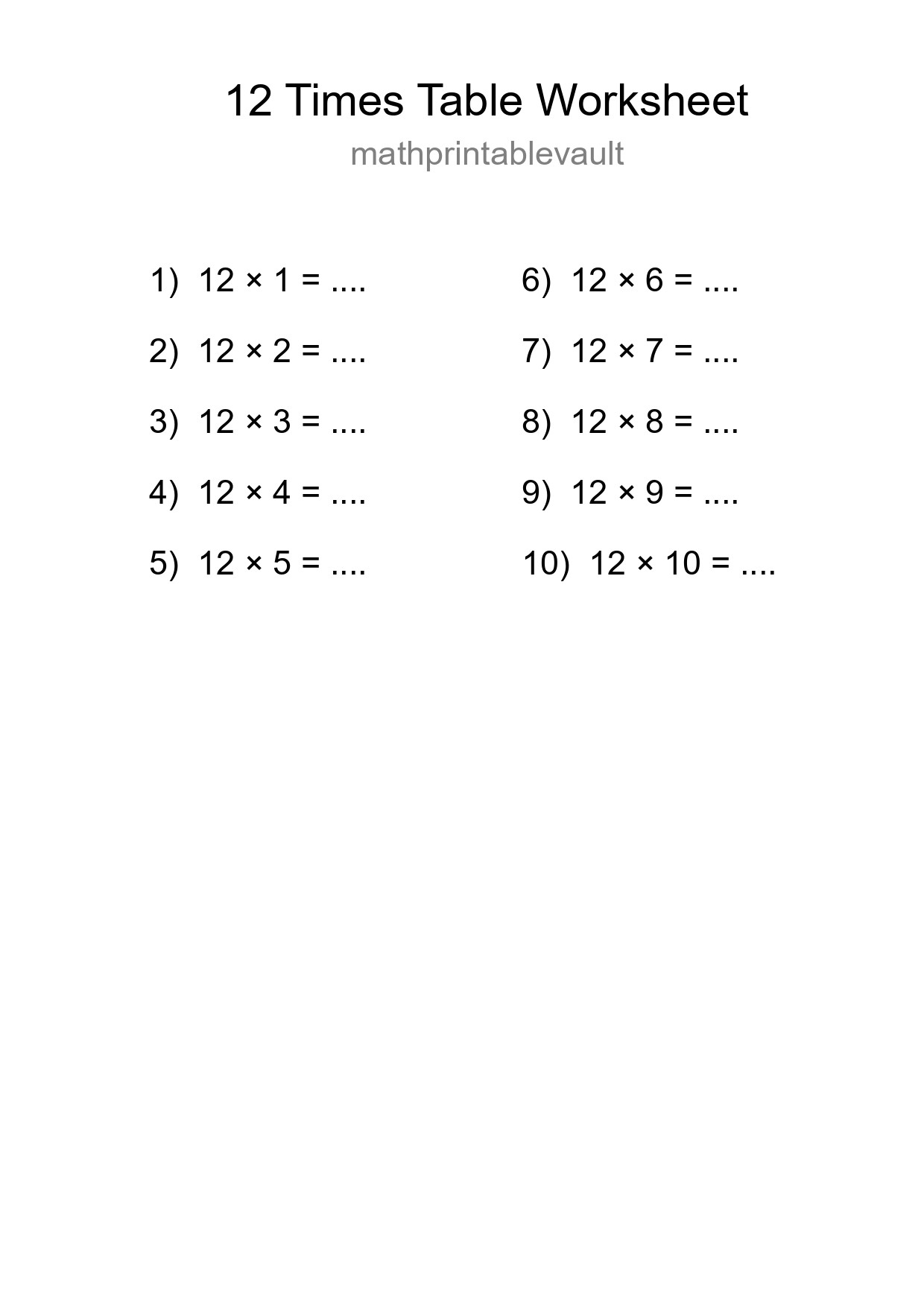 Printable Times Table Worksheet for Grade 4