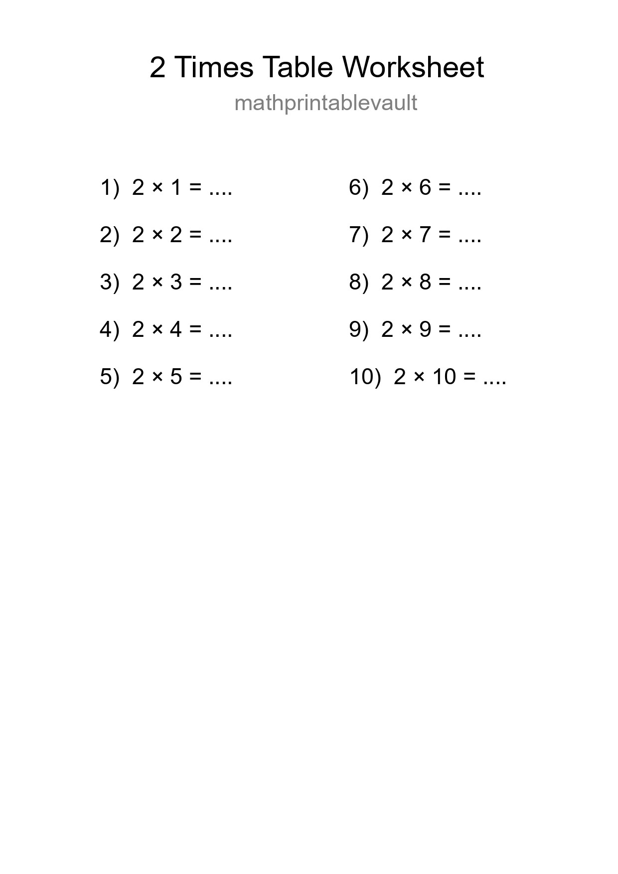 2 Times Table Worksheet For Grade 2 With Answers - Part 97