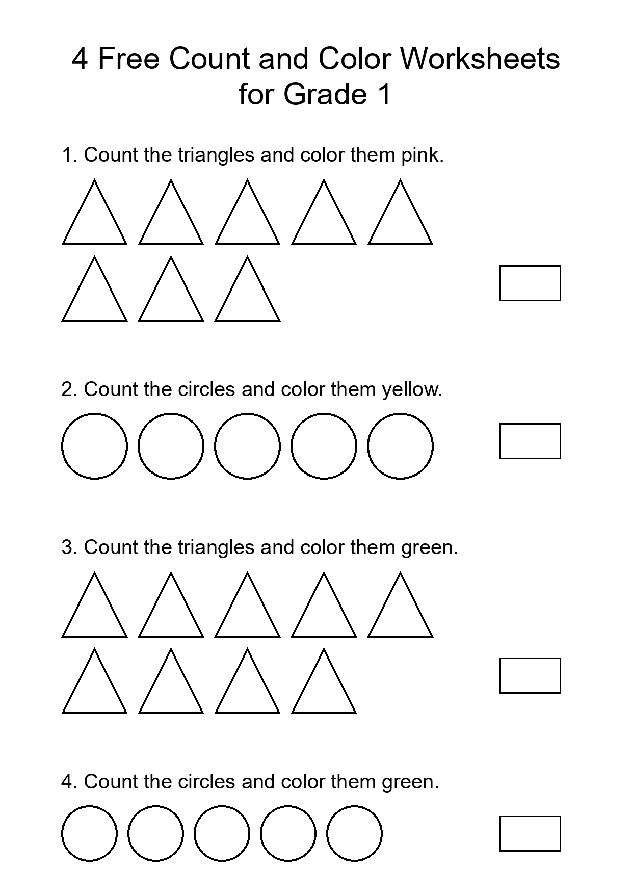 4 Free Count and Color Worksheets for Grade 1