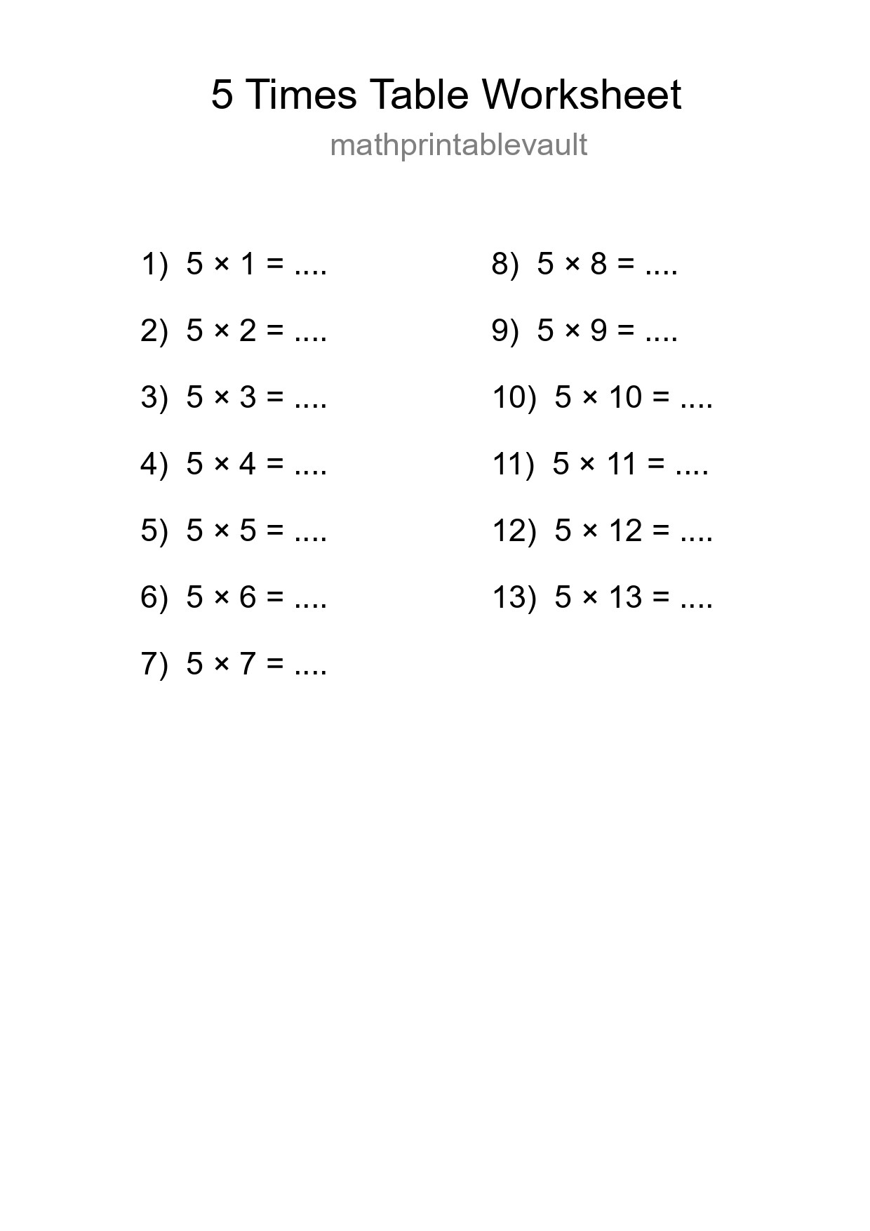 Printable Times Table Worksheet for Grade 2