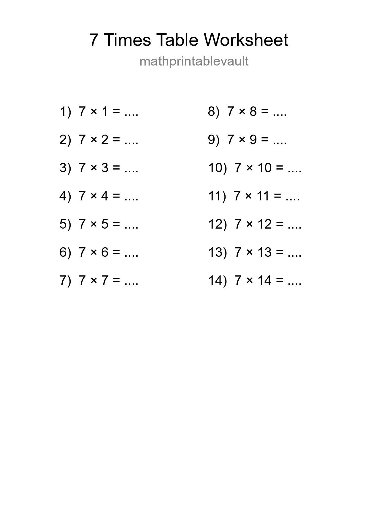 7 Times Table Worksheet For Grade 3 - Part 196