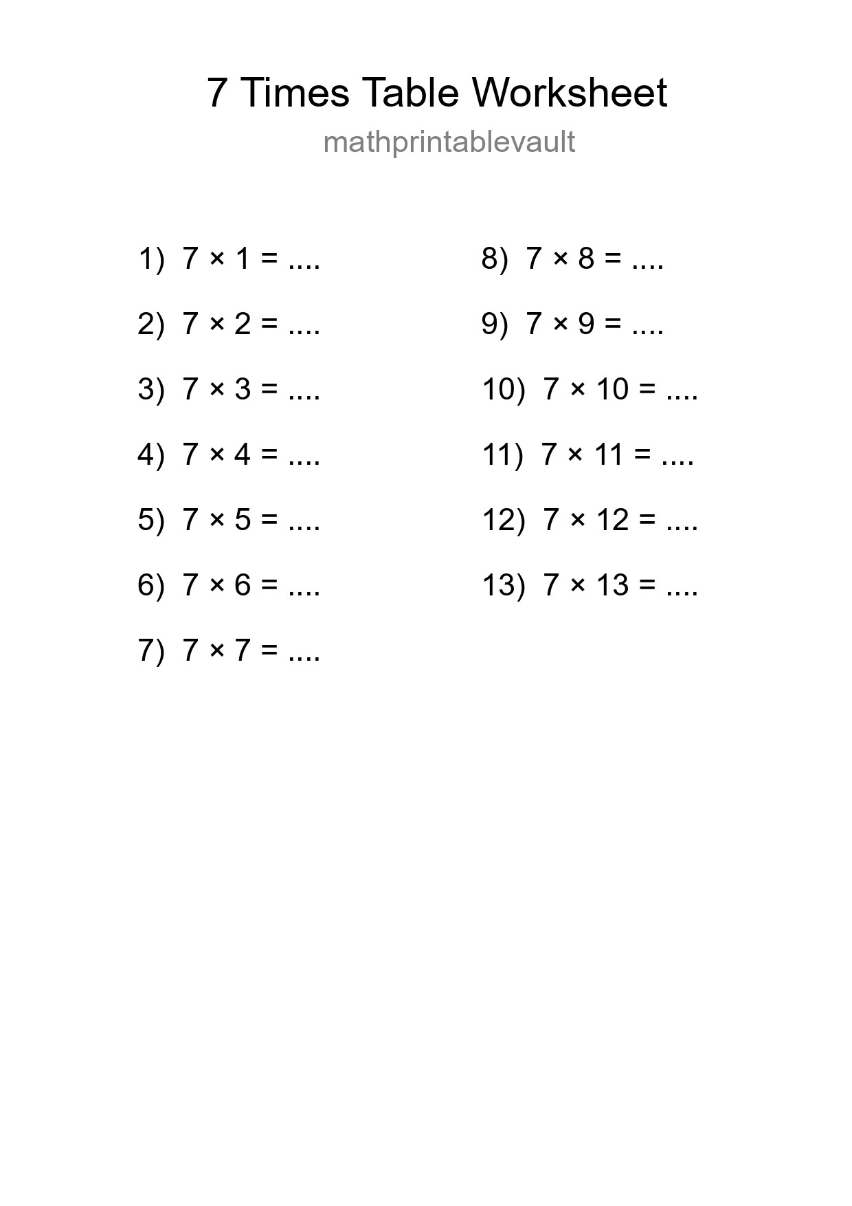 7 Times Table Worksheet For Grade 3 With Answers - Part 130