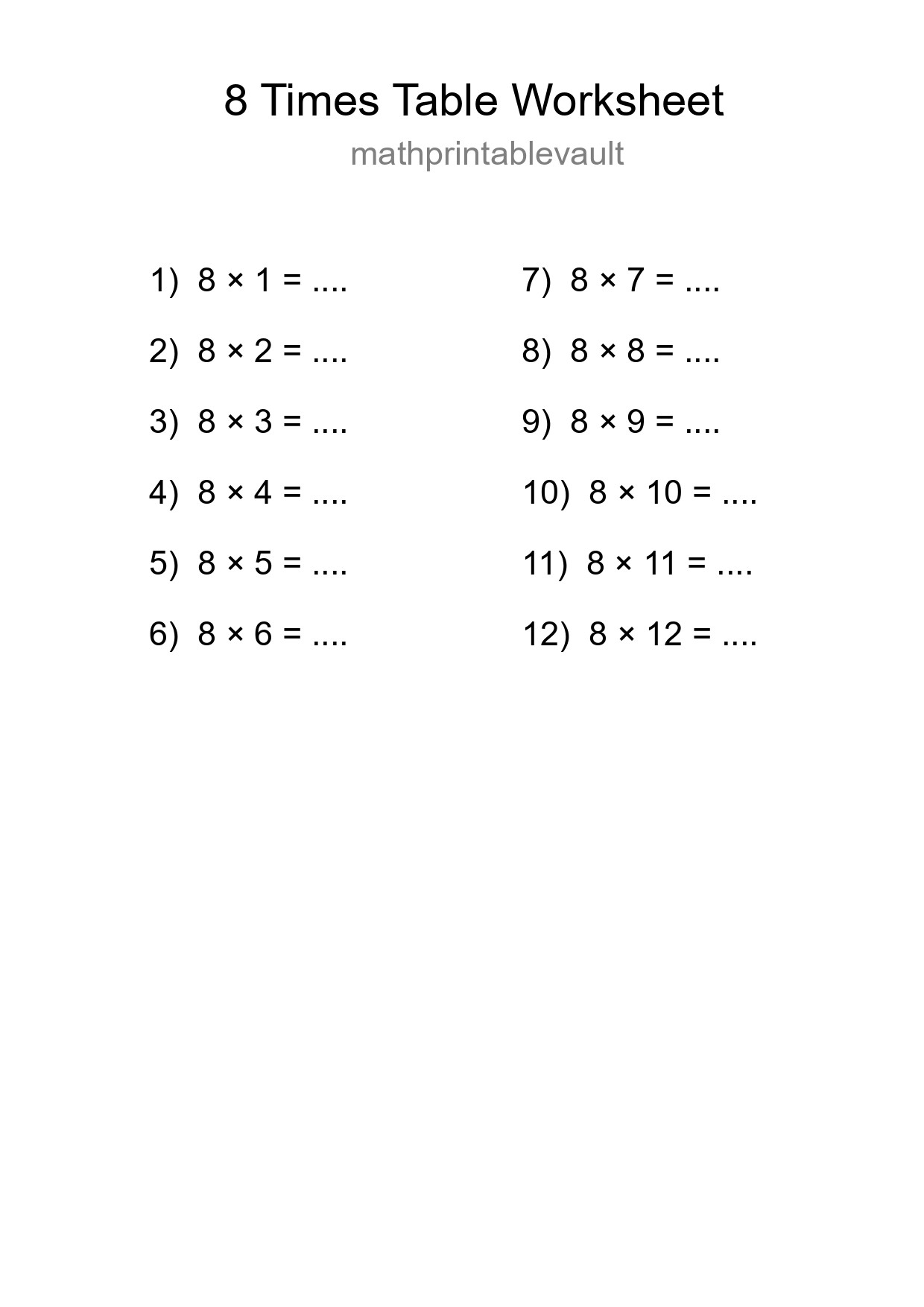 Printable Times Table Worksheet for Grade 3