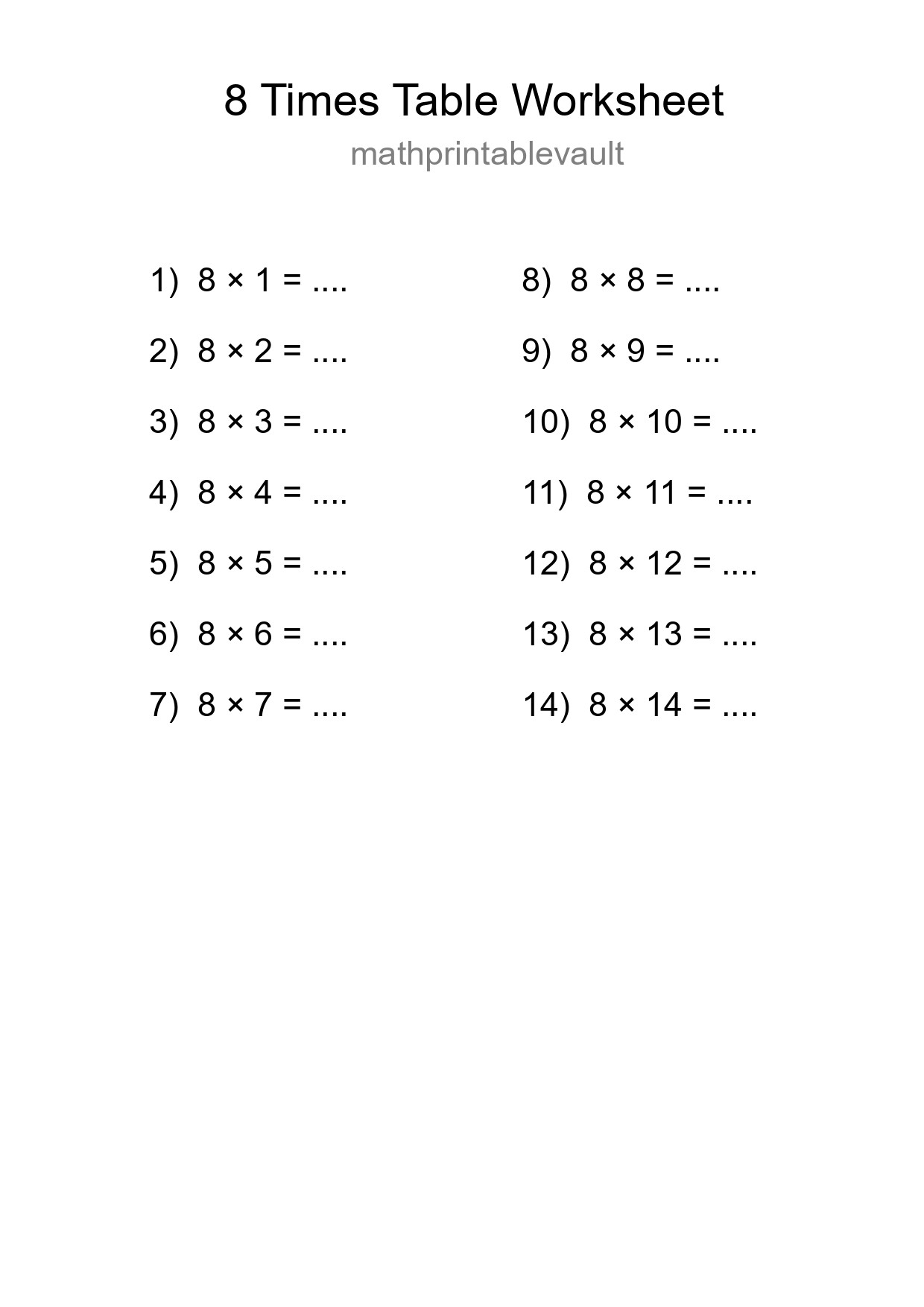 8 Times Table Worksheet For Grade 3 - Part 86