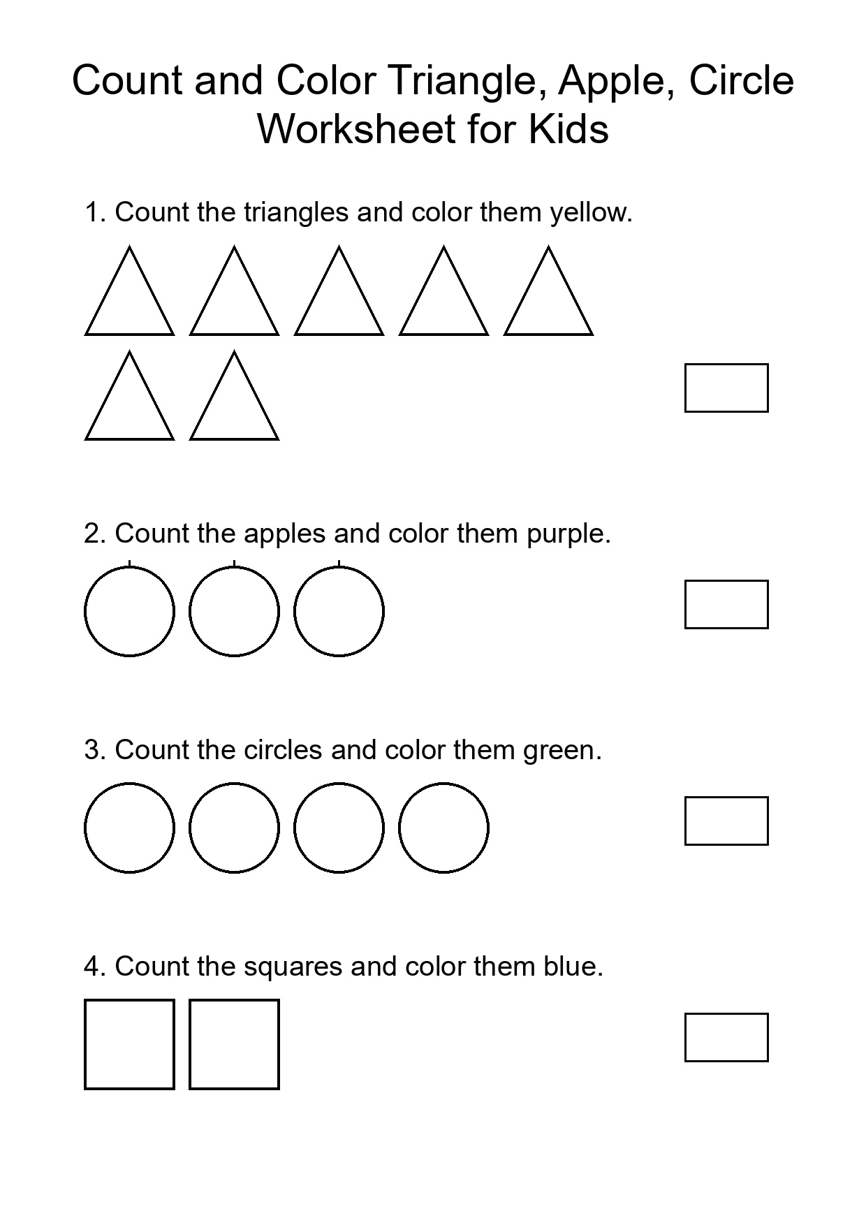 Count and Color Triangle, Apple, Circle Worksheet for Kids