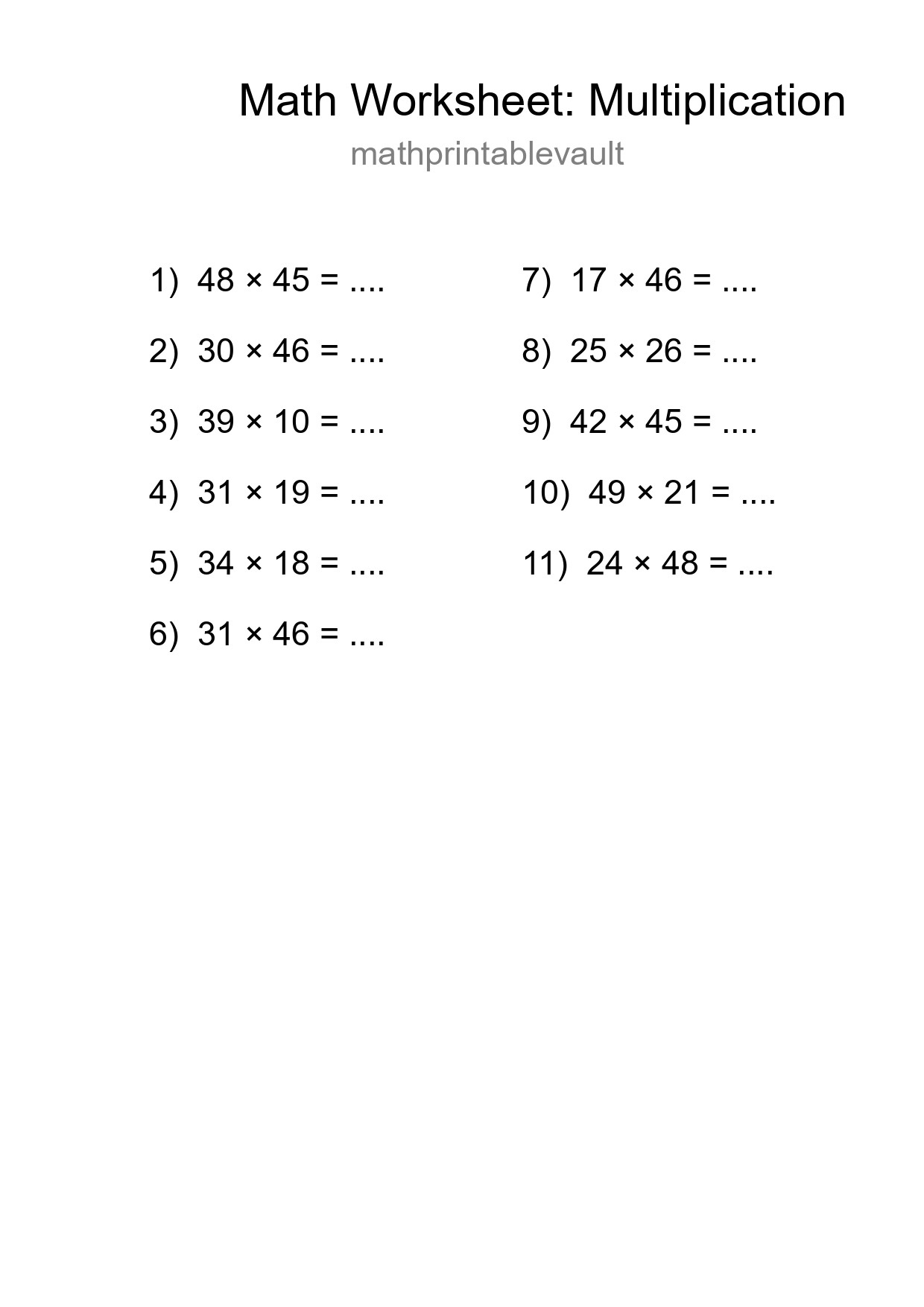 Free 11 Multiplication Math Worksheet For Grade 2 - Part 128