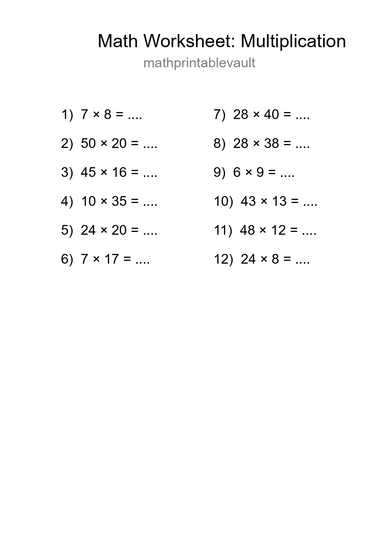 Free 12 Multiplication Math Worksheet For Grade 2 - Part 183