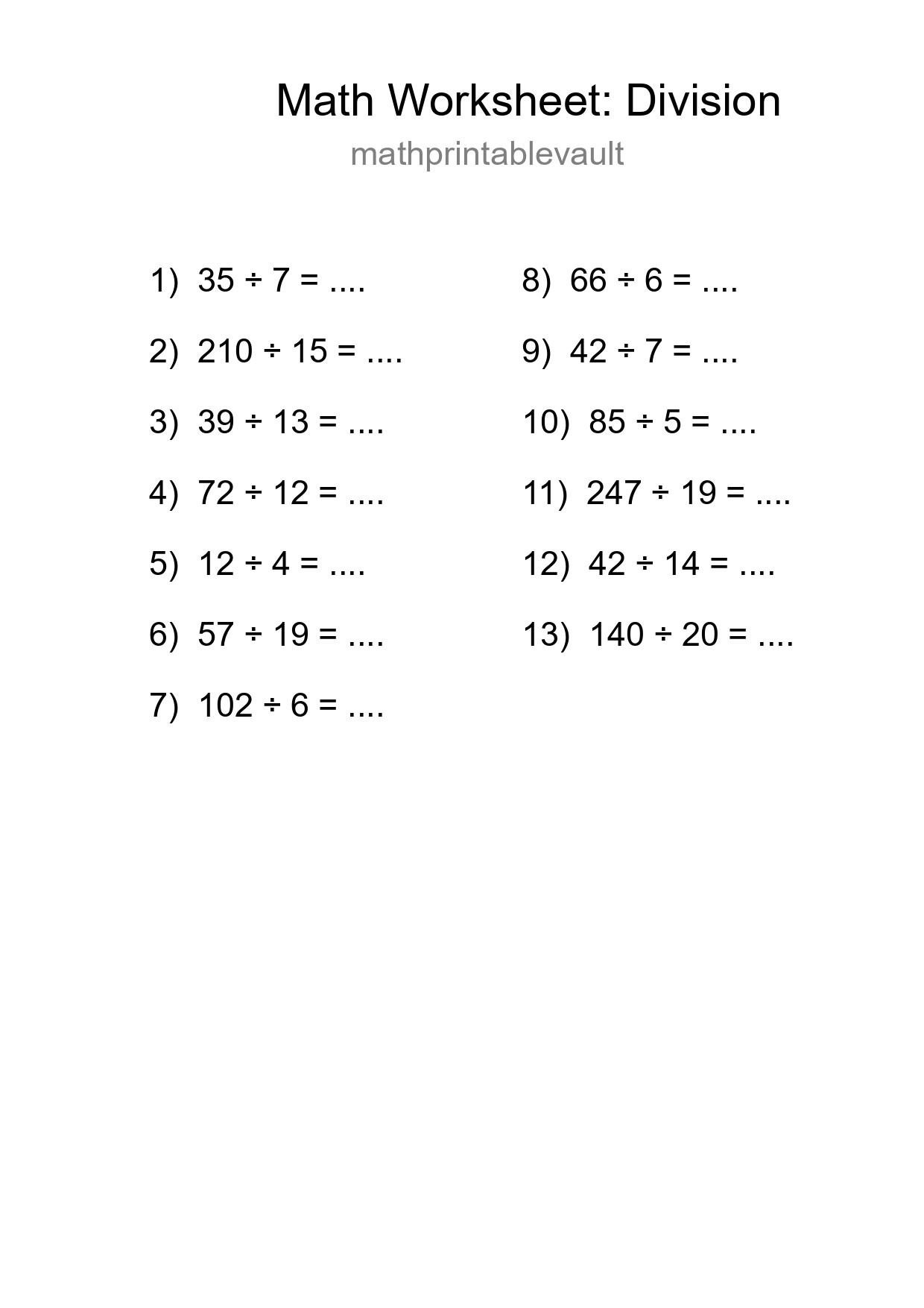 Printable Division Worksheet for Grade 2