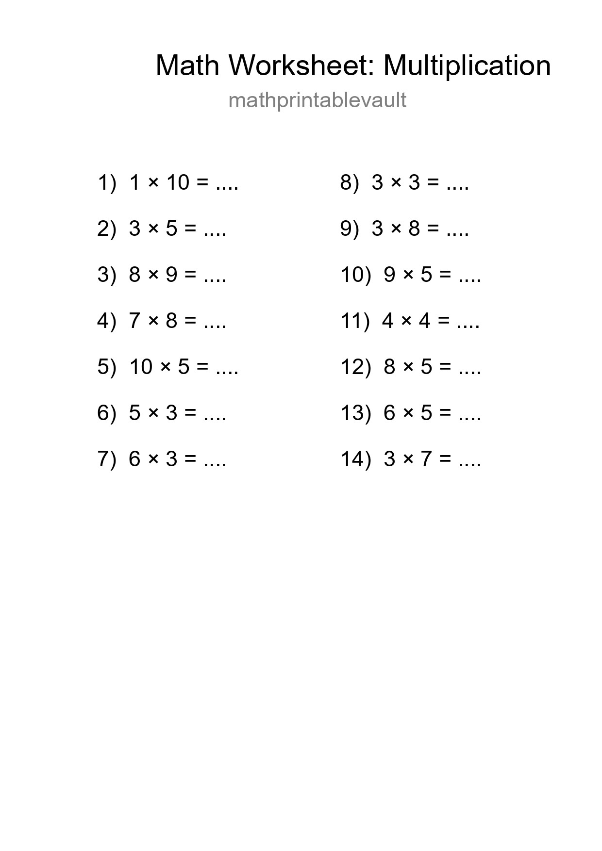 Free 14 Multiplication Math Worksheet For Grade 1 - Part 161