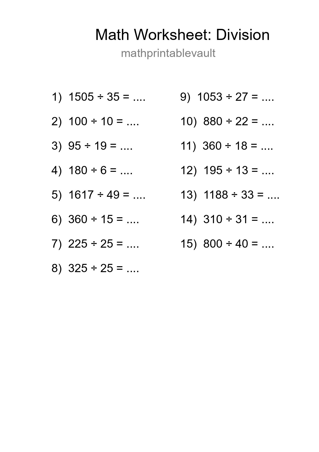 Printable Division Worksheet for Grade 2