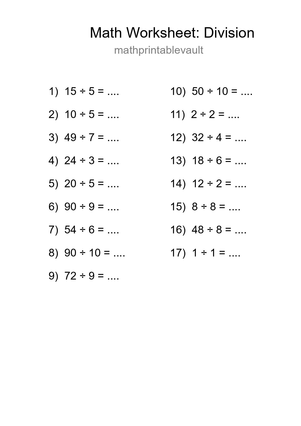 Printable Division Worksheet for Grade 1