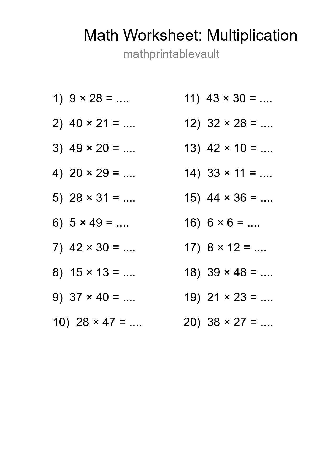 Free 20 Multiplication Math Worksheet For Grade 2 With Answers - Part 150