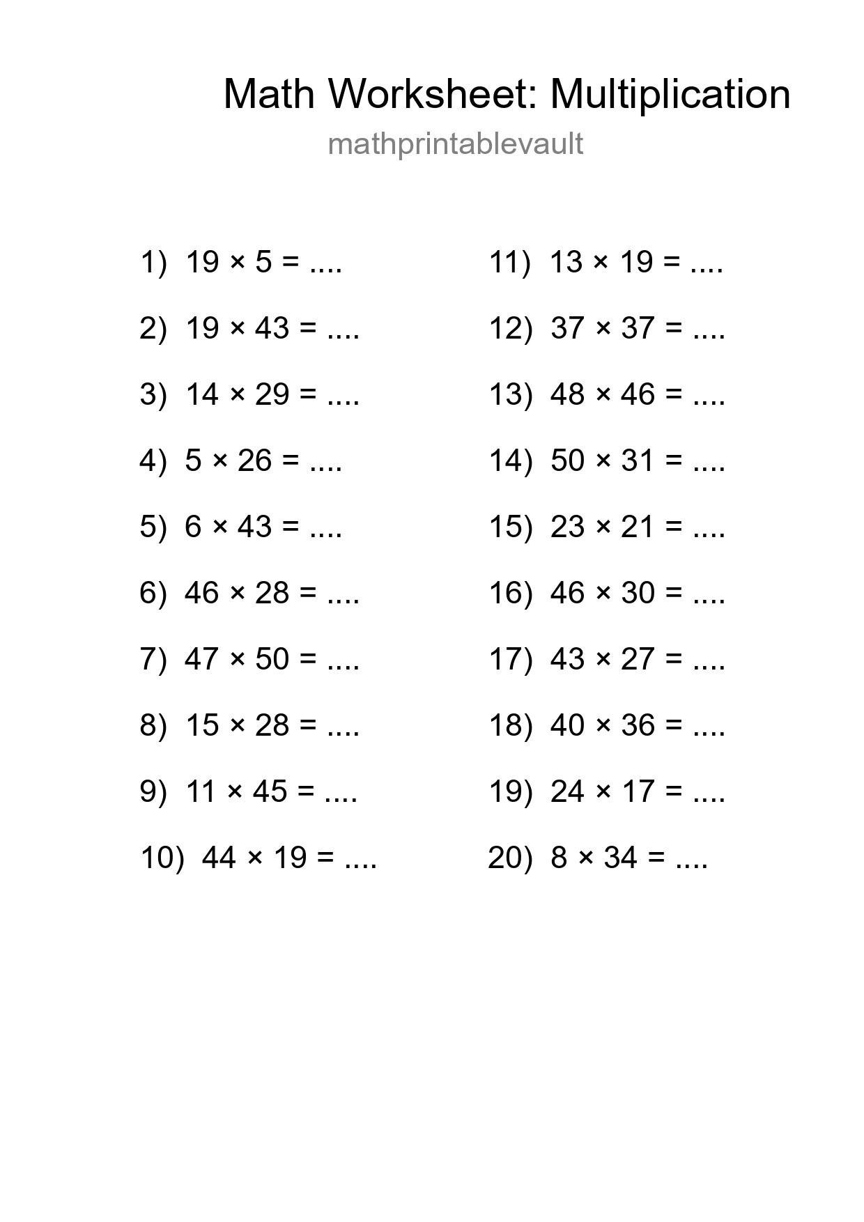 Free 20 Multiplication Math Worksheet For Grade 2 With Answers - Part 29