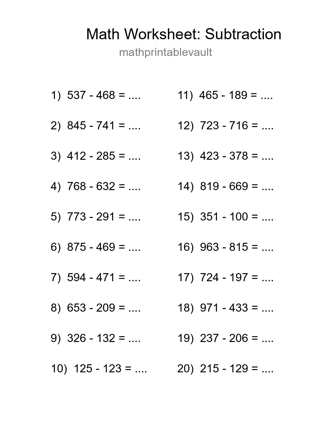 Free 20 Subtraction Math Worksheet For Grade 5 - Part 118