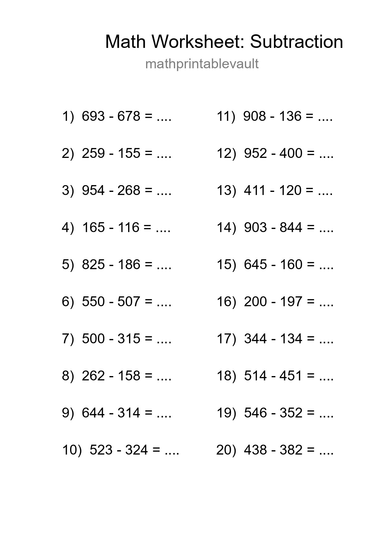 Free 20 Subtraction Math Worksheet For Grade 5 With Answers - Part 19