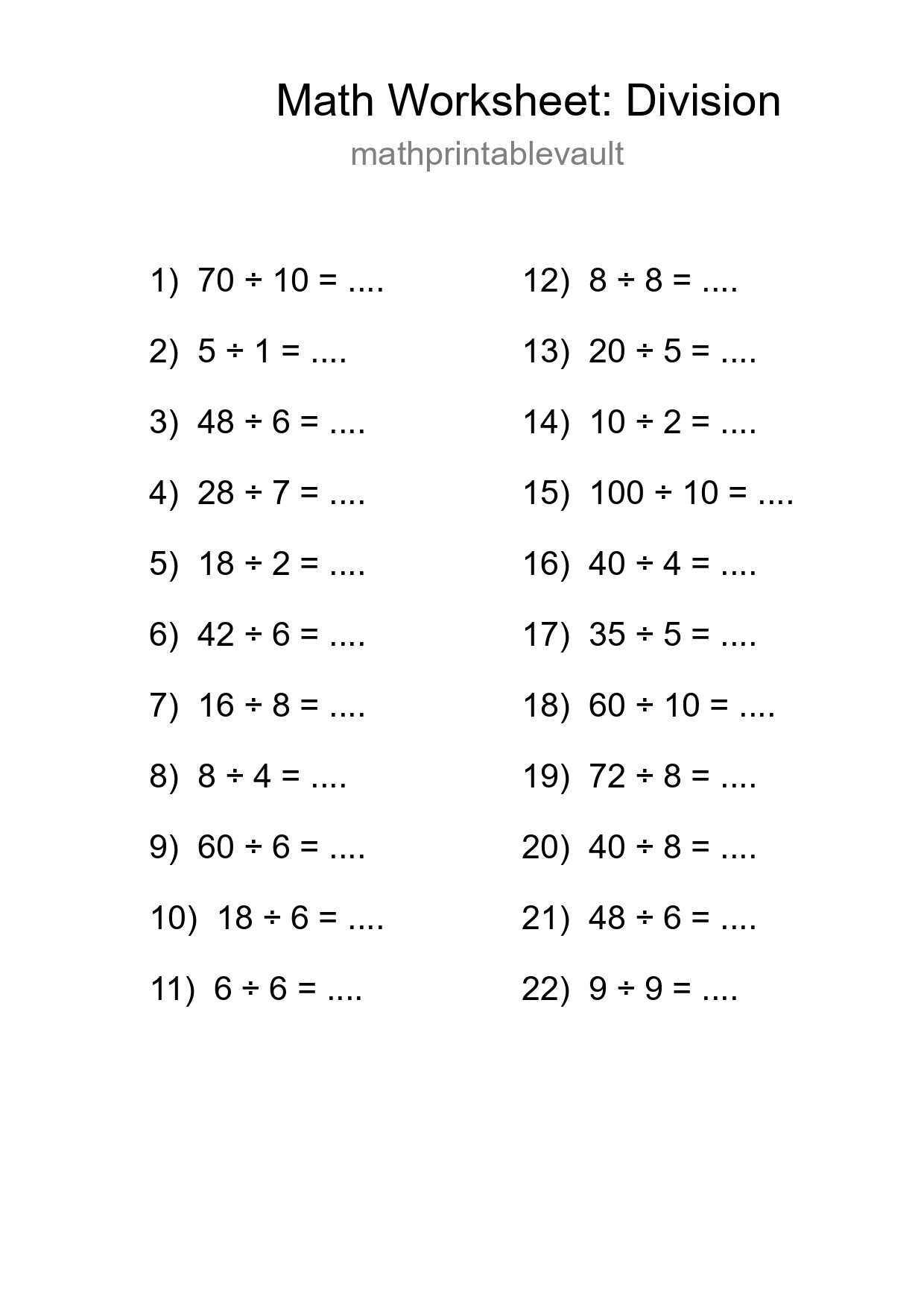 Free 22 Division Math Worksheet For Grade 1 With Answers - Part 92