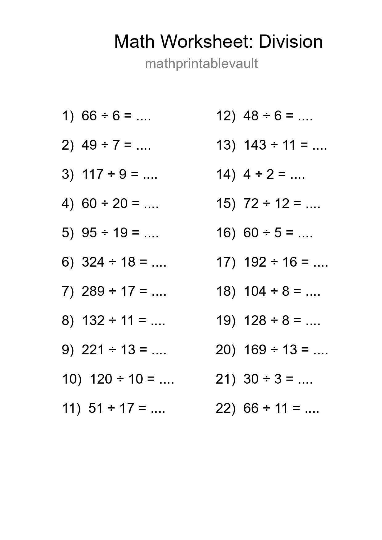 Printable Division Worksheet for Grade 2