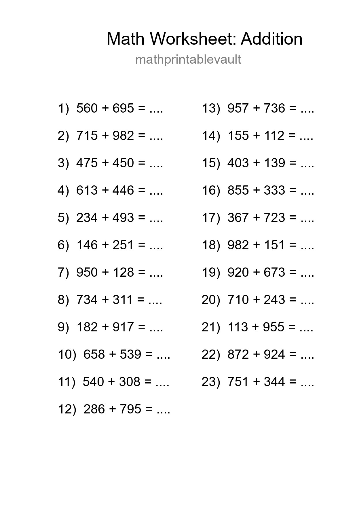Printable Addition Worksheet for Grade 5