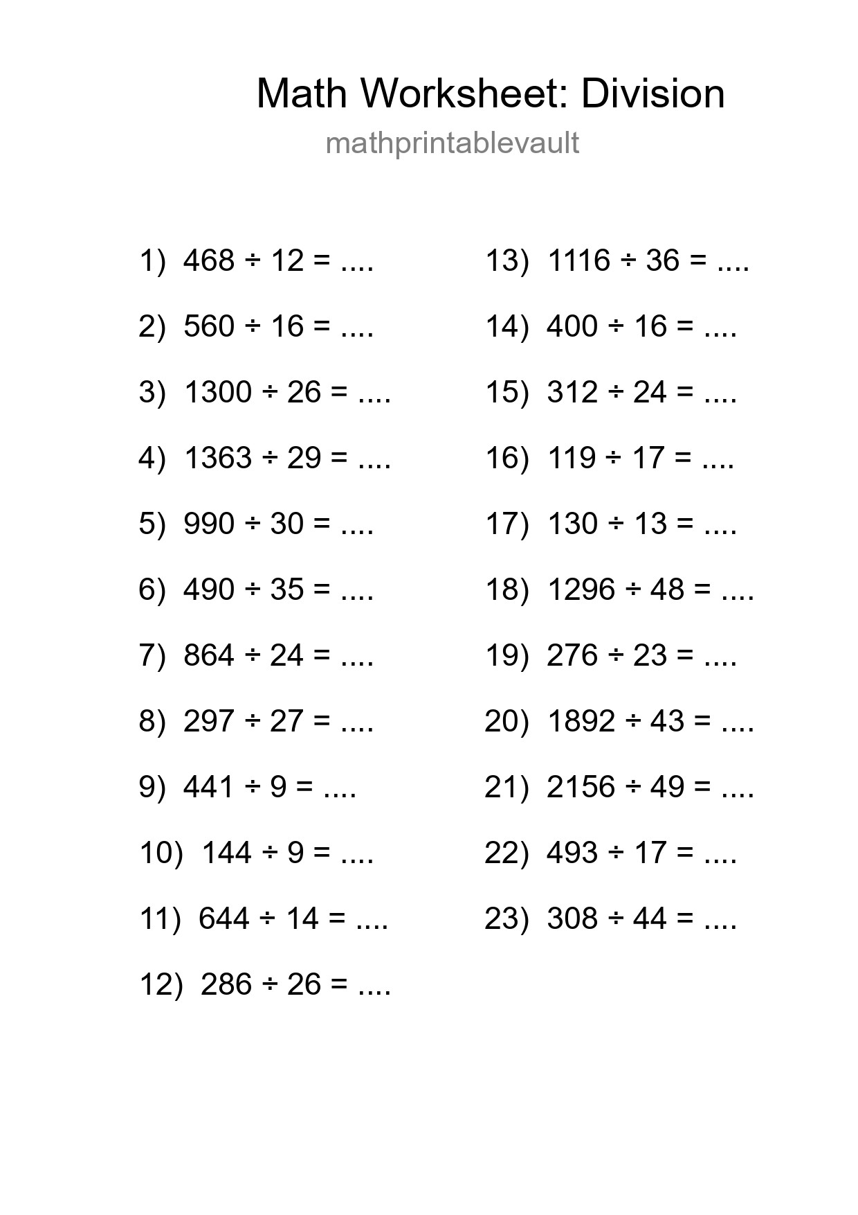 Printable Division Worksheet for Grade 2