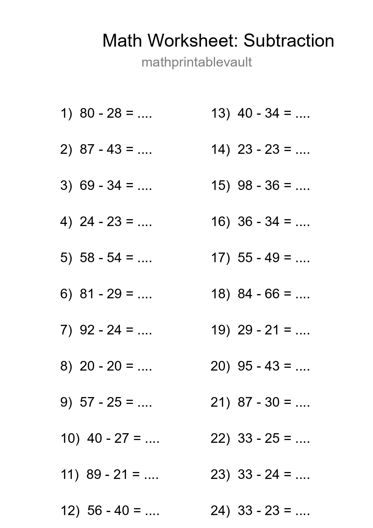 Free 24 Subtraction Math Worksheet For Grade 3 With Answers - Part 184
