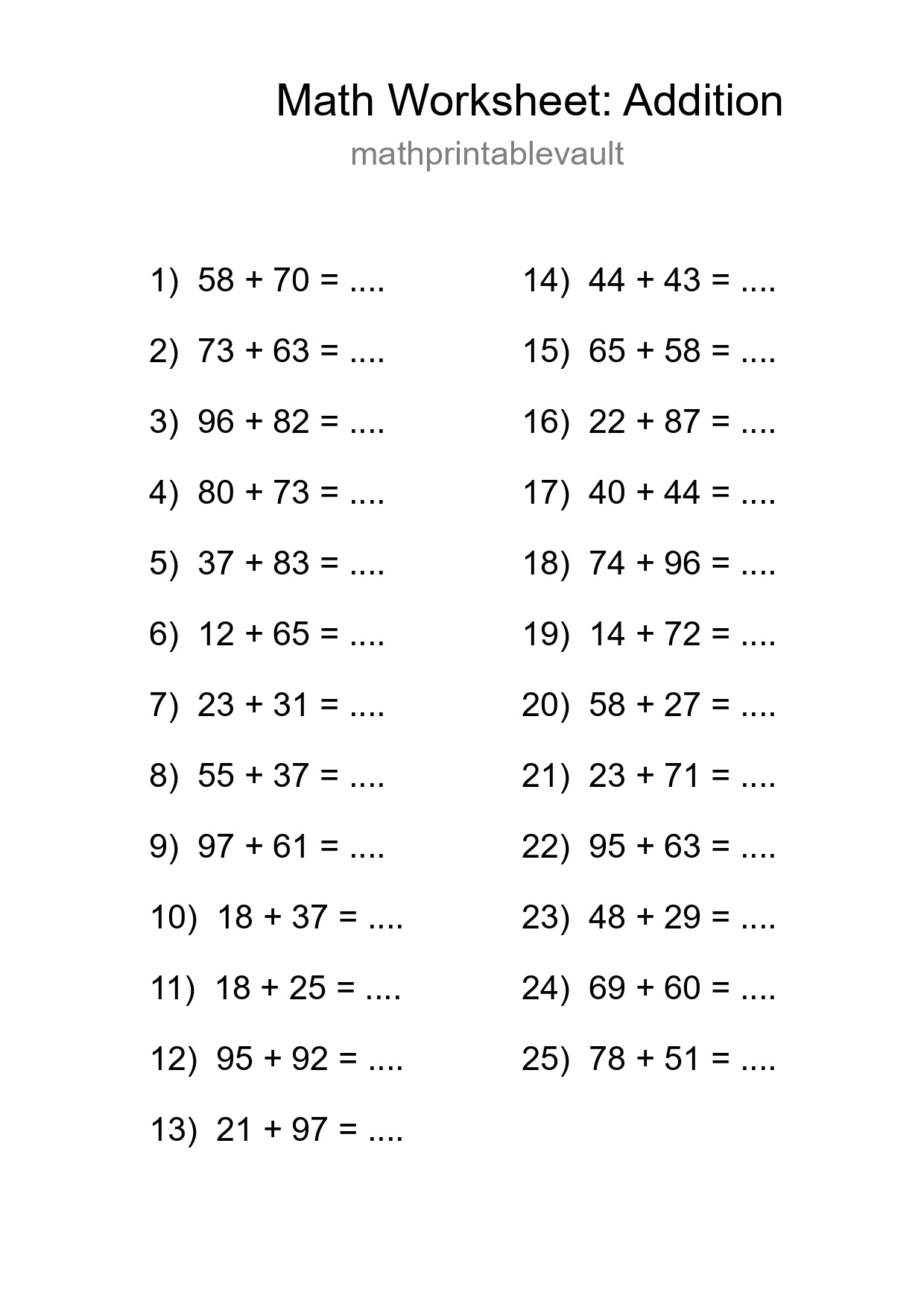 Printable Addition Worksheet for Grade 3