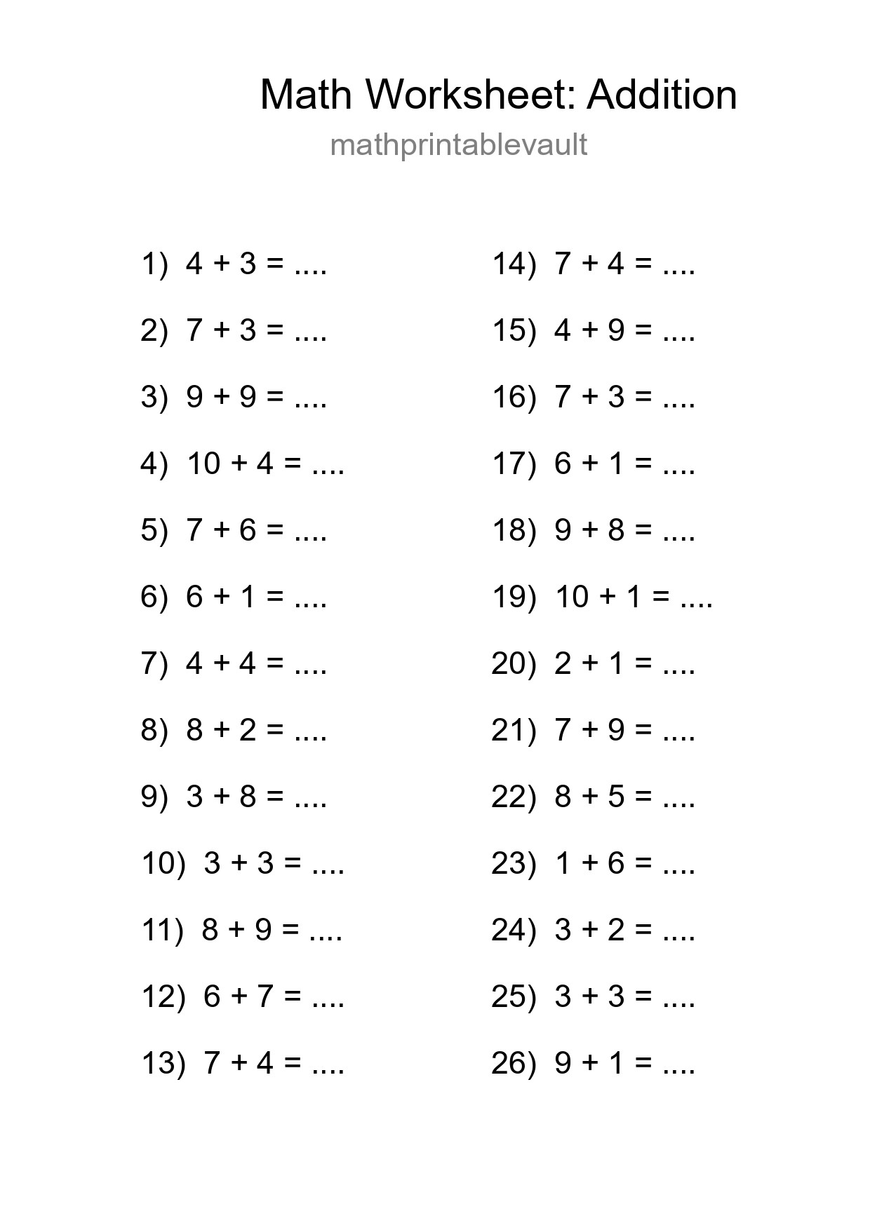 Free 26 Addition Math Worksheet For Grade 1 With Answers - Part 144