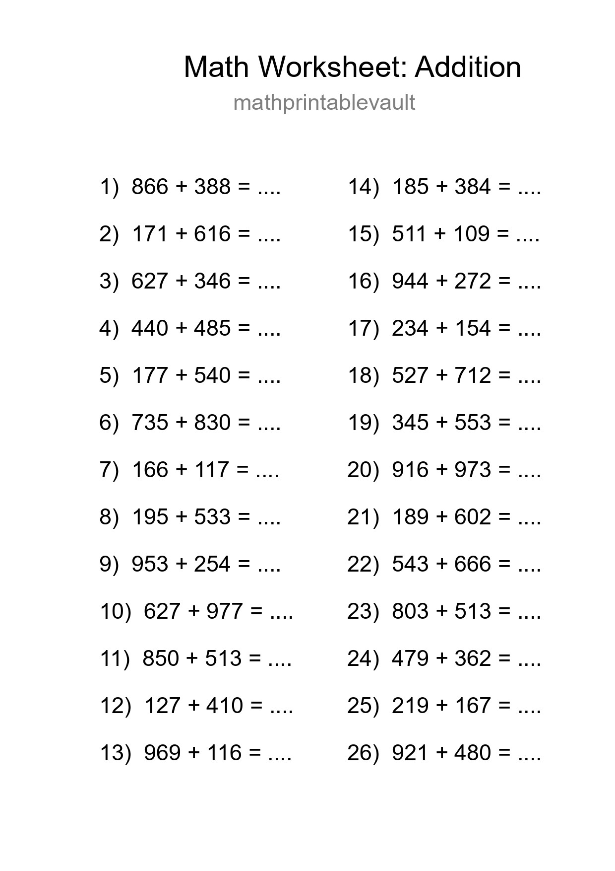 Free 26 Addition Math Worksheet For Grade 5 - Part 111