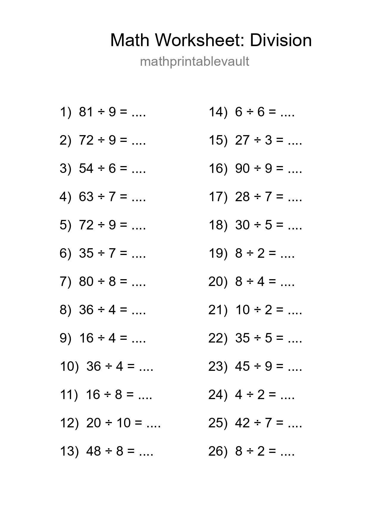 Printable Division Worksheet for Grade 1