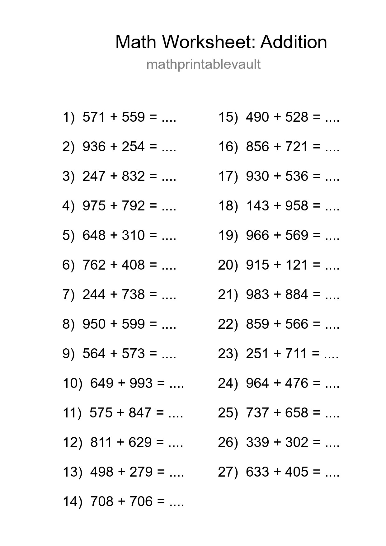 Free 27 Addition Math Worksheet For Grade 5 - Part 188