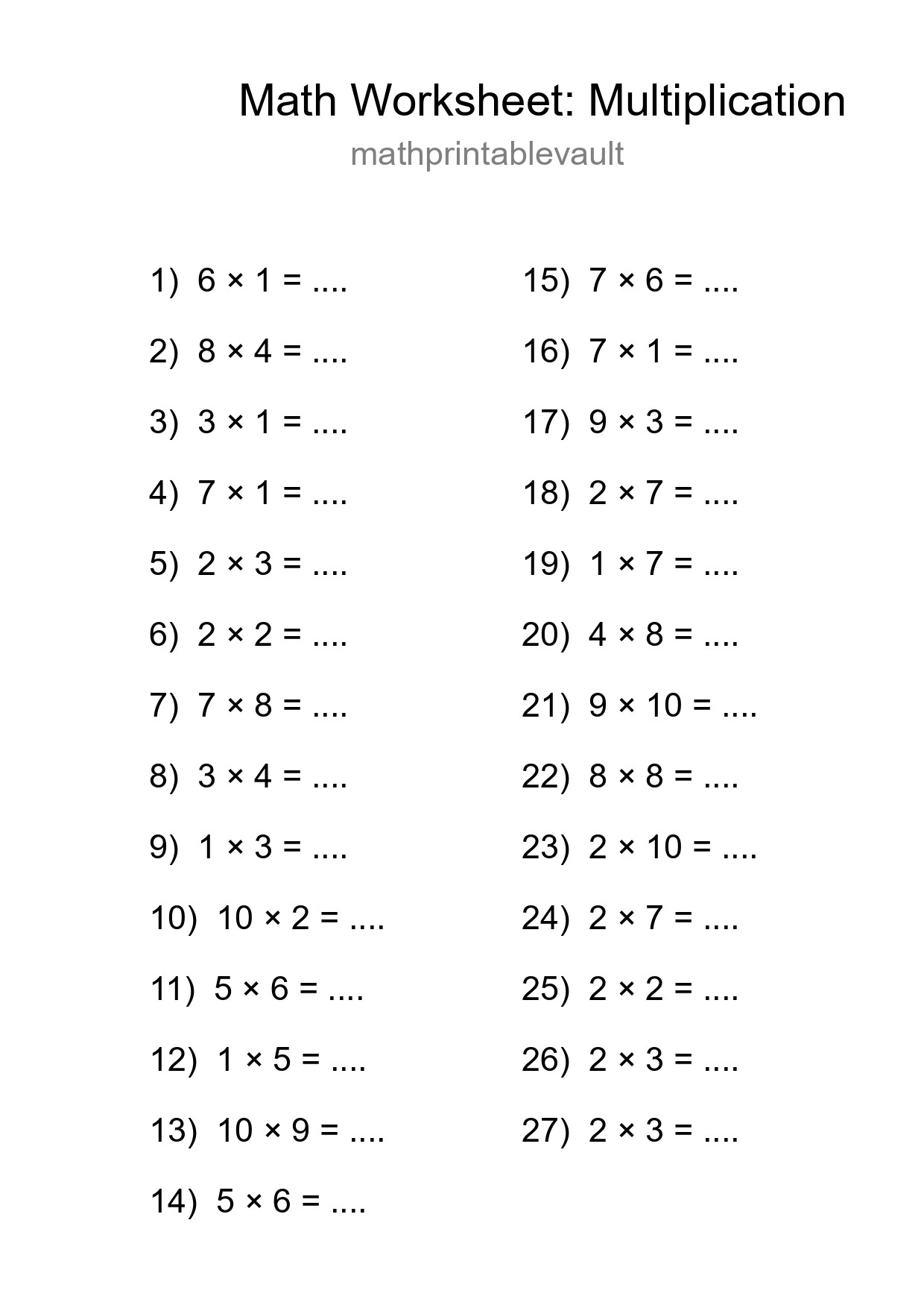 Free 27 Multiplication Math Worksheet For Grade 1 - Part 172