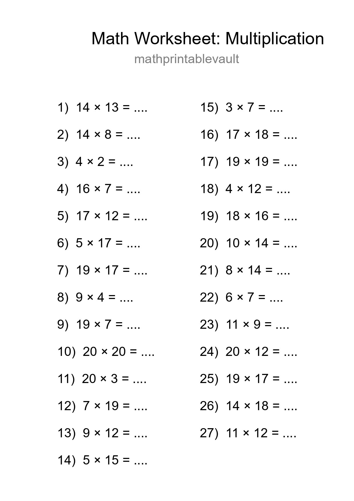 Printable Multiplication Worksheet for Grade 2