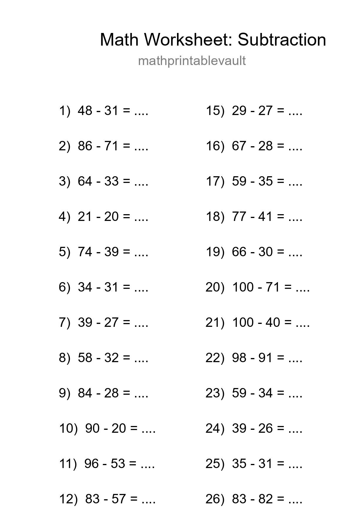 Printable Subtraction Worksheet for Grade 3