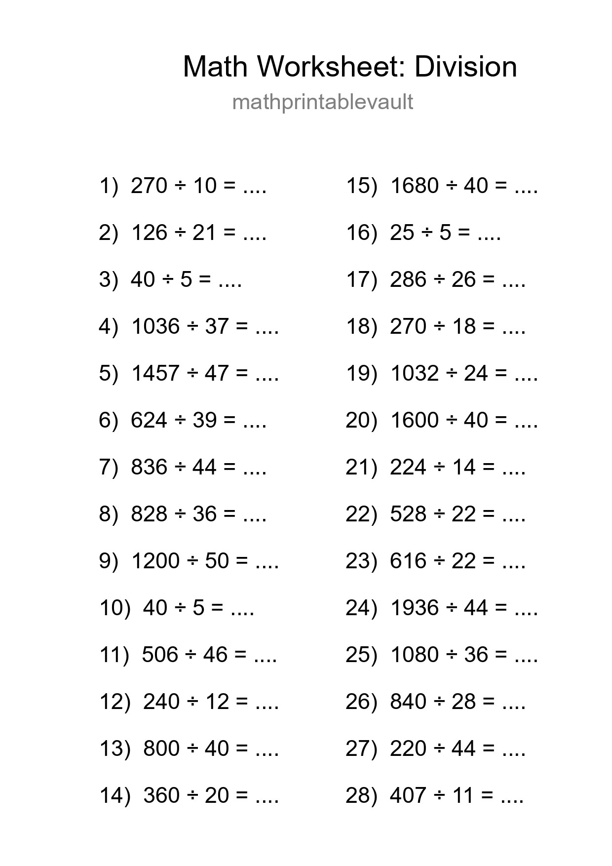 Printable Division Worksheet for Grade 2