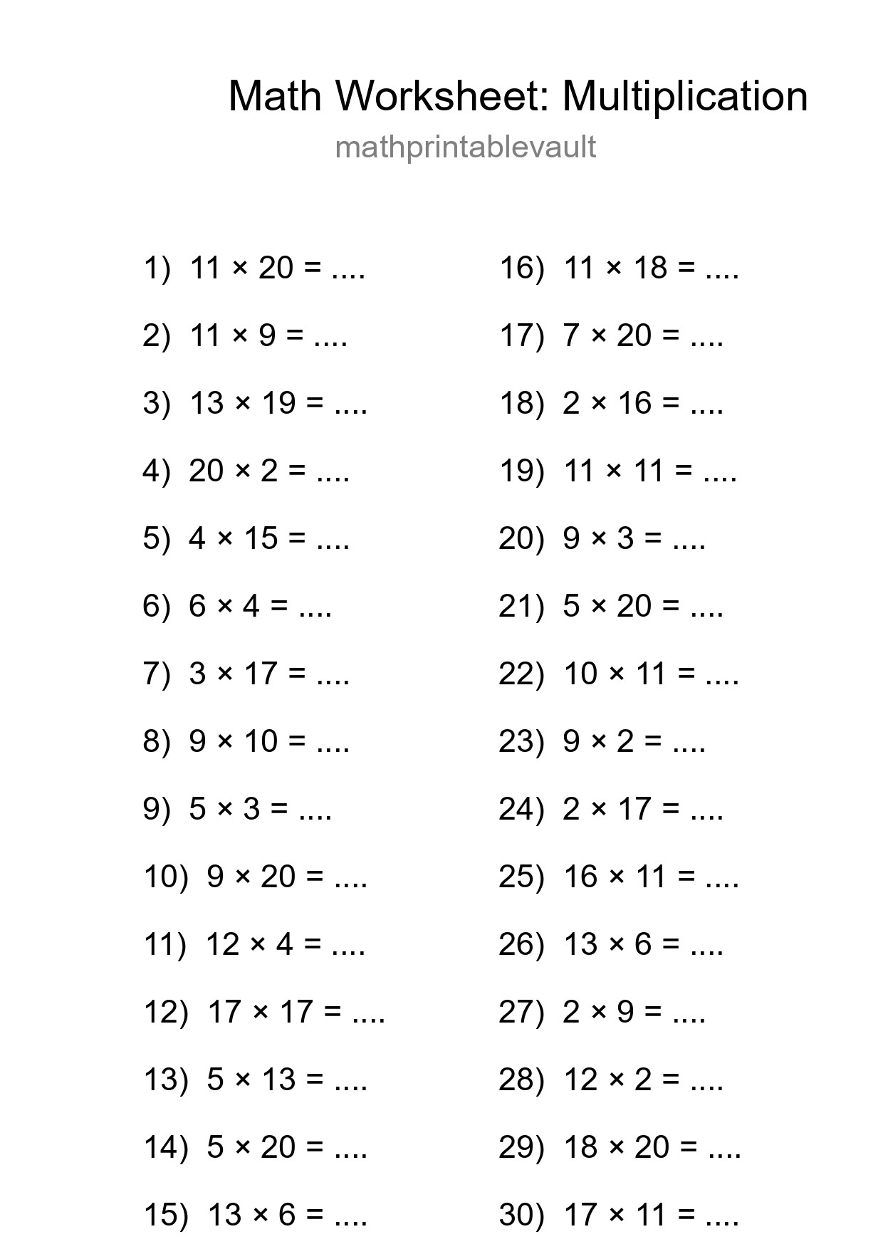 Free 30 Multiplication Math Worksheet For Grade 2 - Part 106