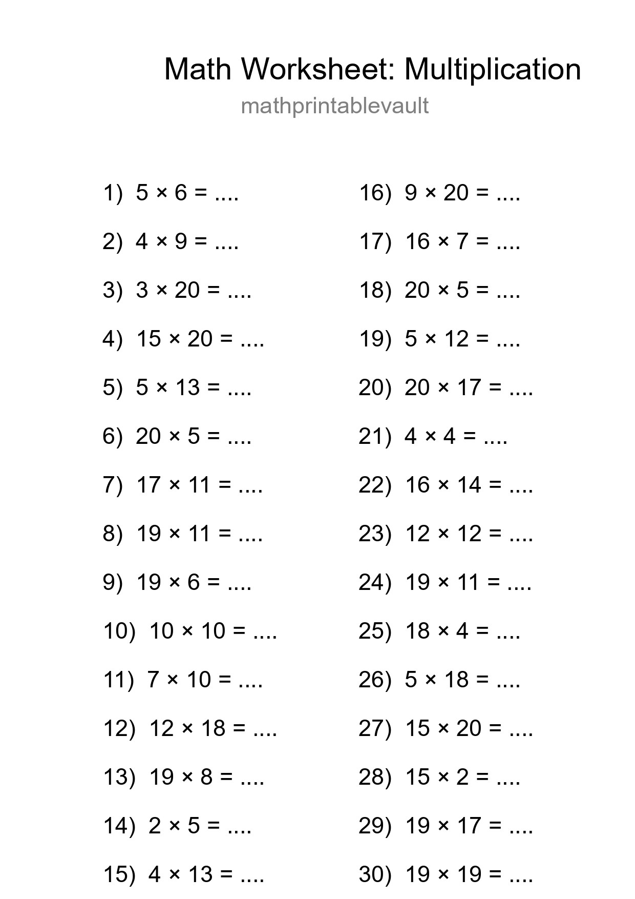 Printable Multiplication Worksheet for Grade 2