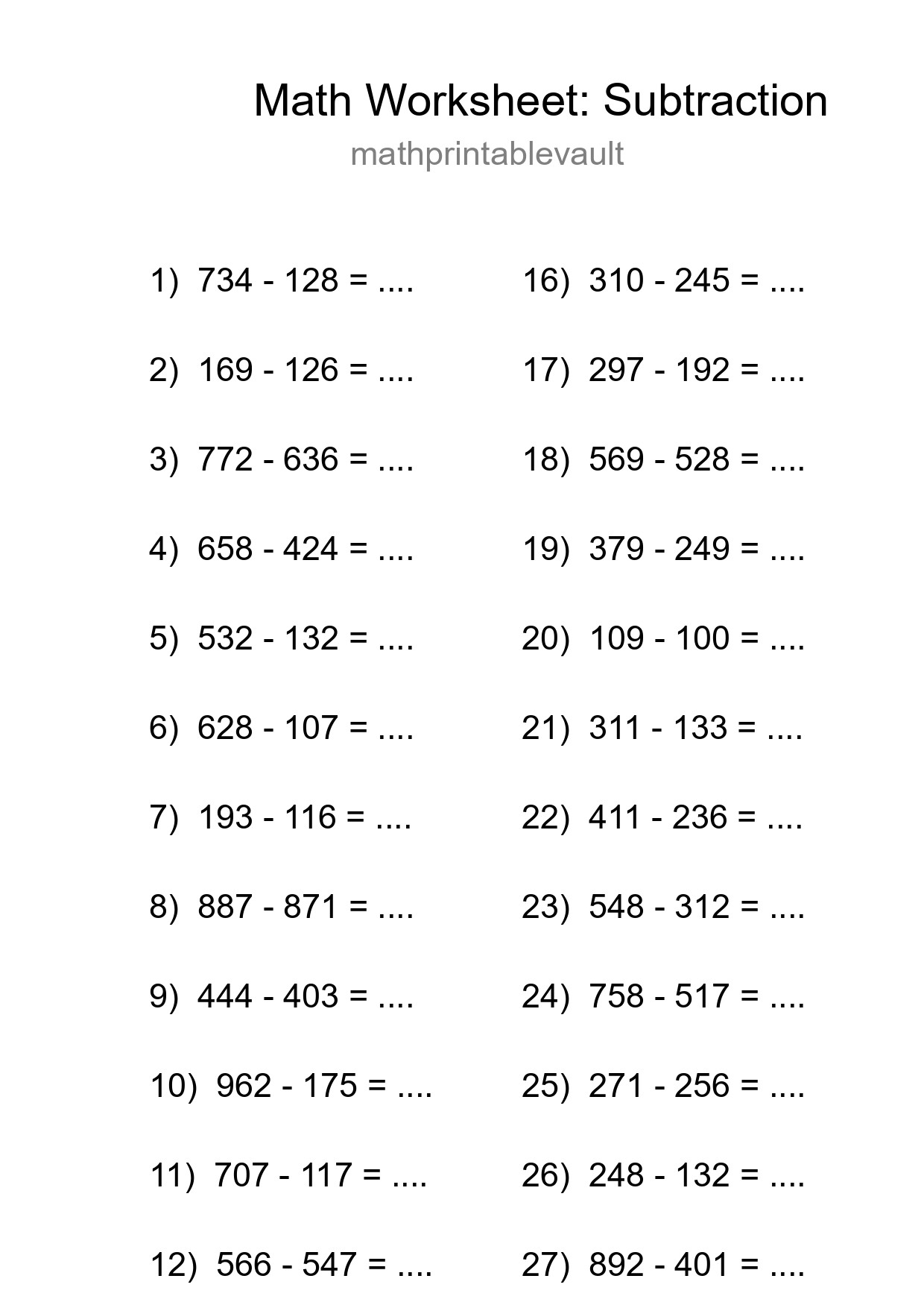 Printable Subtraction Worksheet for Grade 5