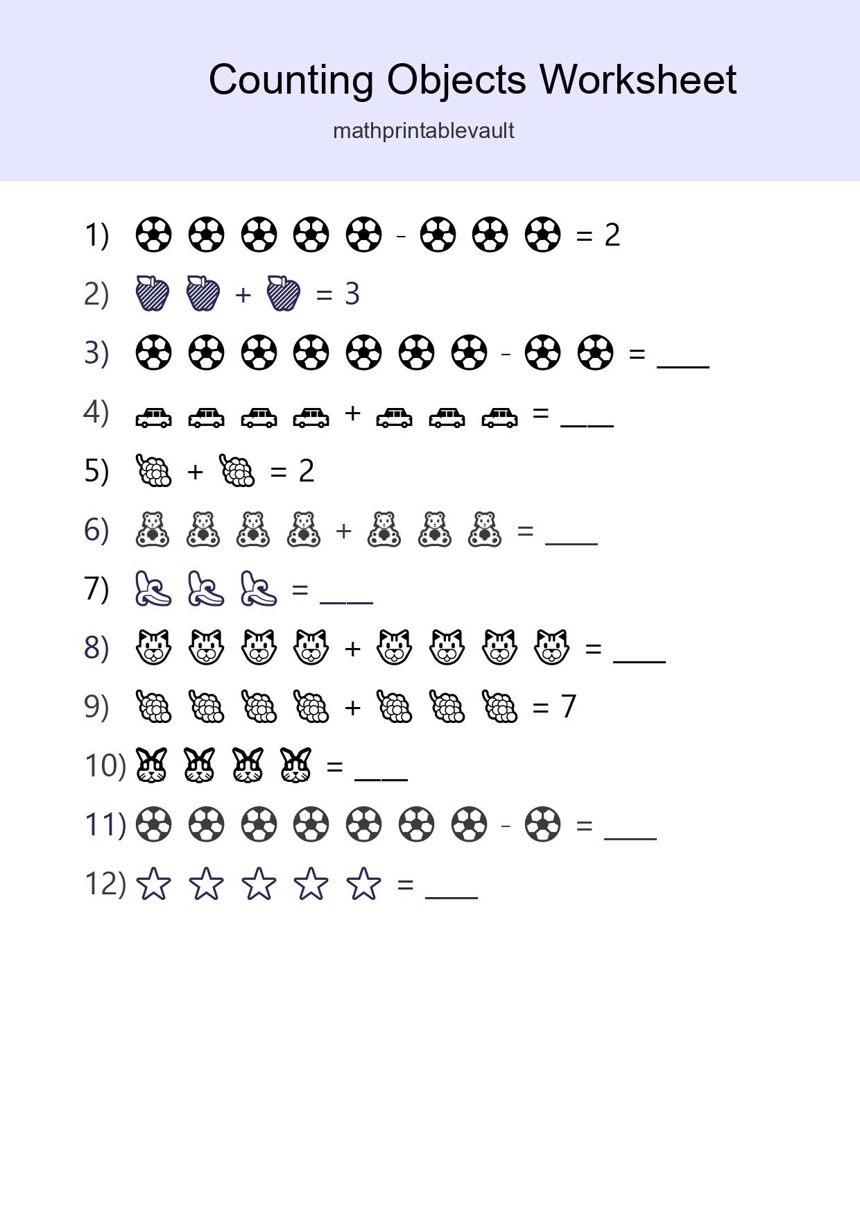 Printable Counting Objects Worksheet for Kindergarten