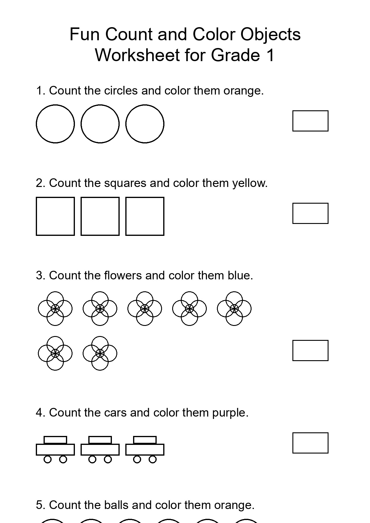Printable Count and Color Worksheet for Grade 1
