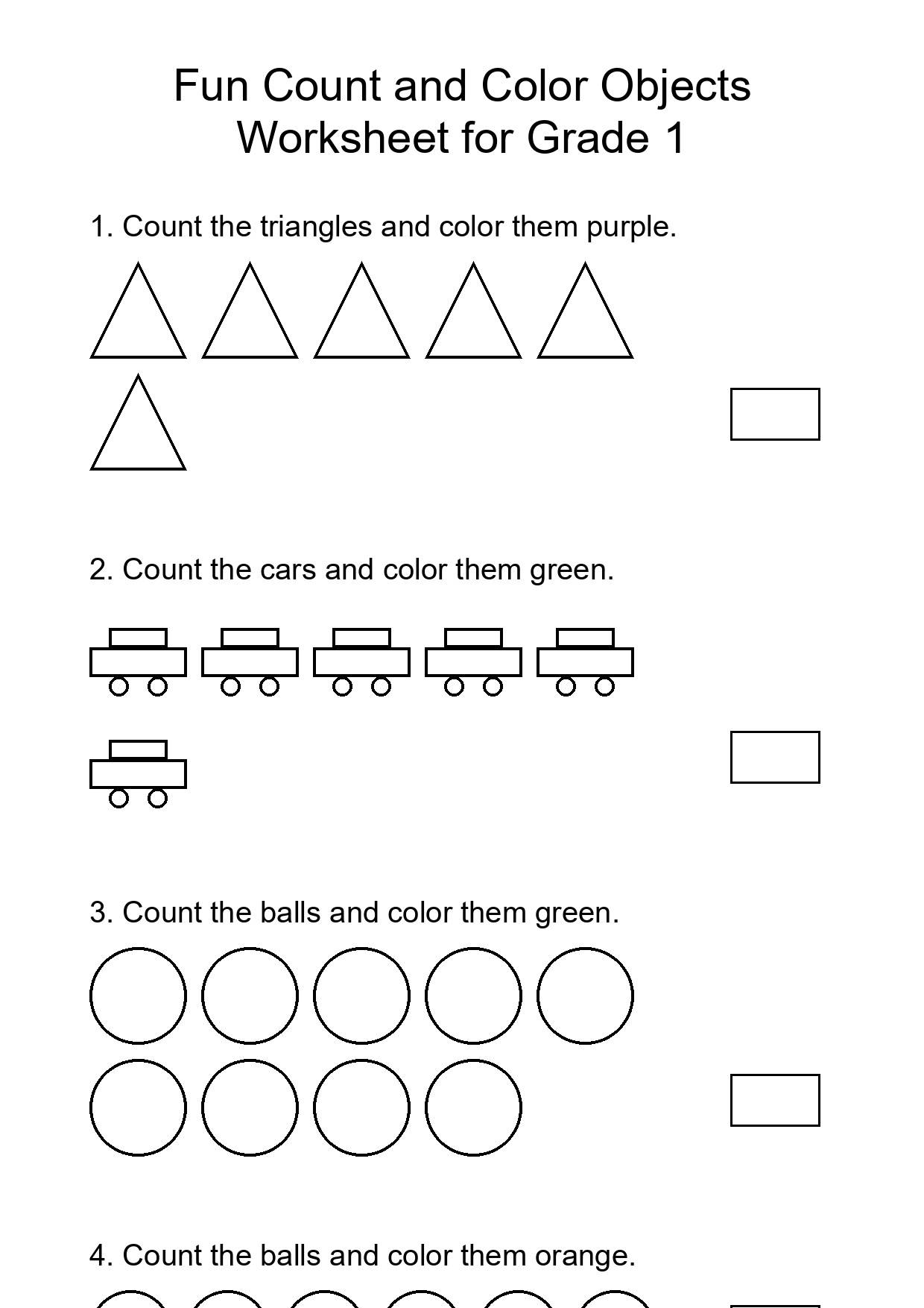 Fun Count and Color Objects Worksheet for Grade 1