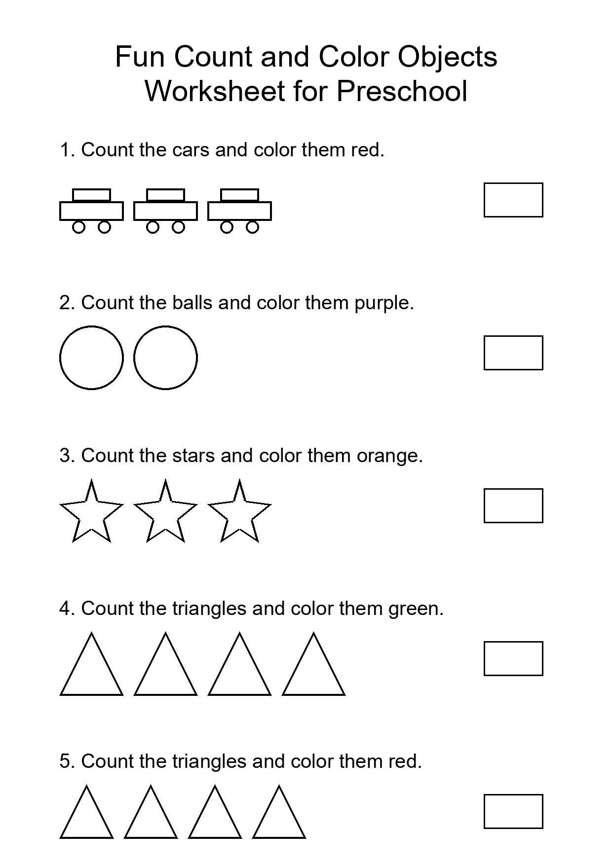 Fun Count and Color Objects Worksheet for Preschool