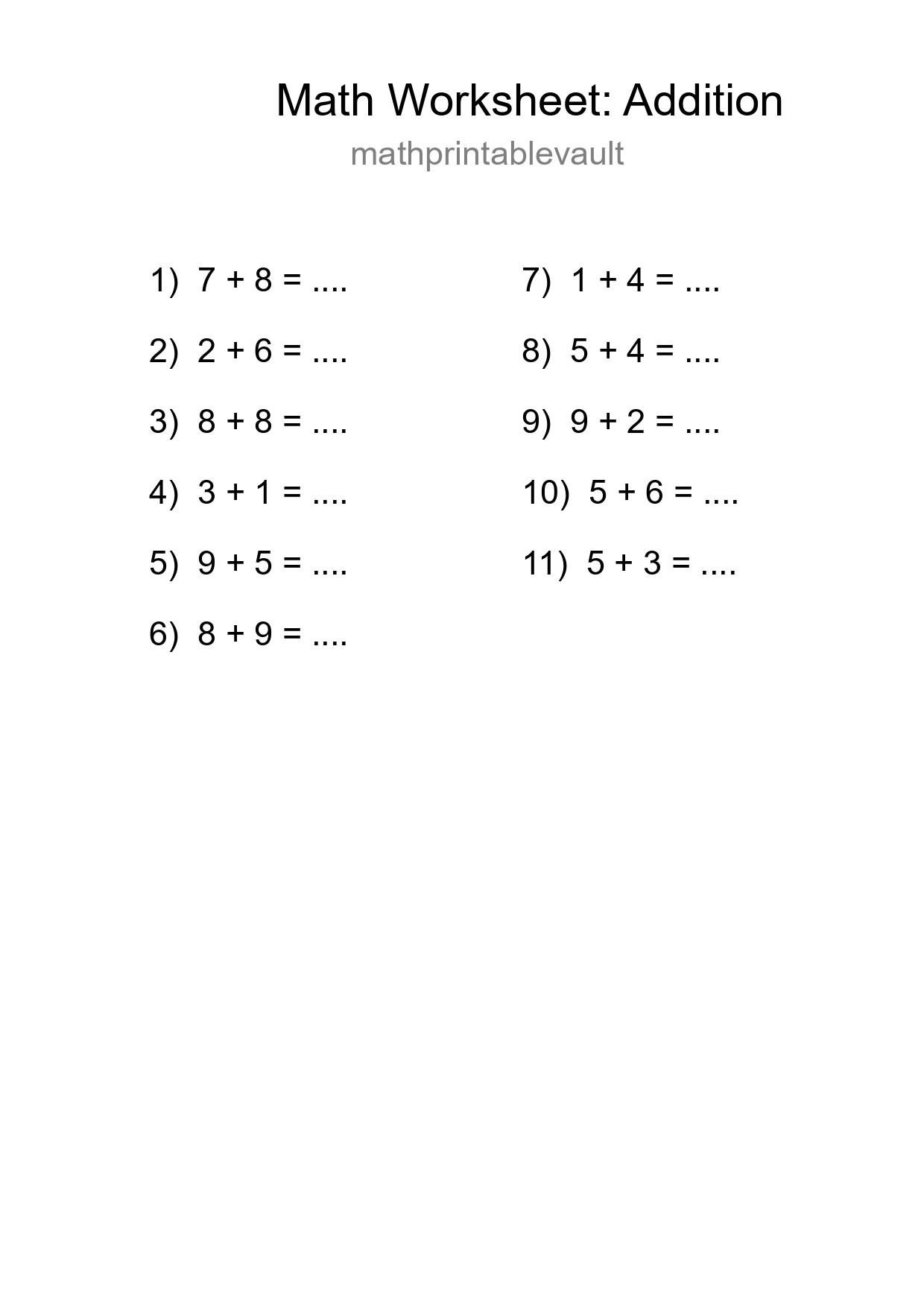 Grade 1 Addition Practice Worksheet (11 Problems) - Part 78