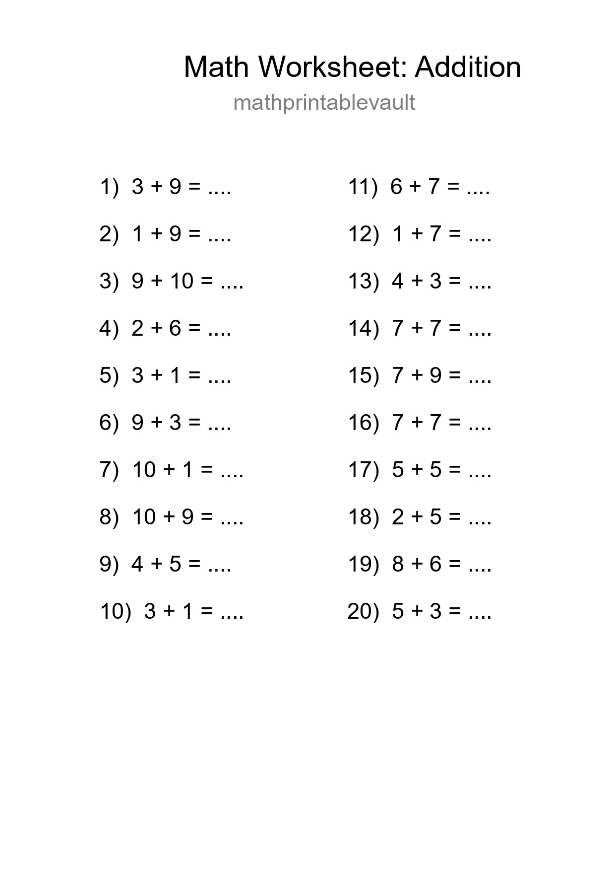 Printable Addition Worksheet for Grade 1