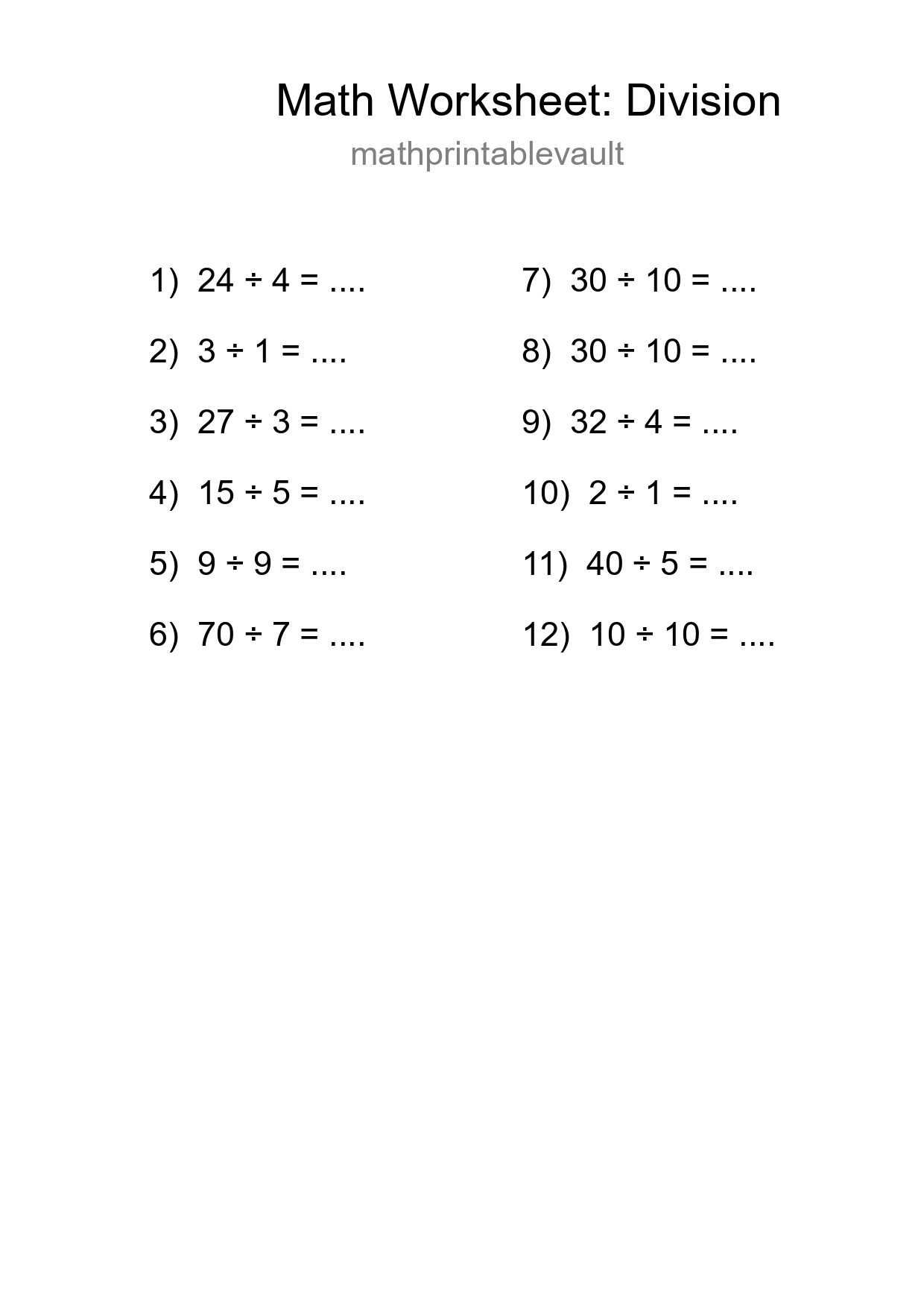 Grade 1 Division Practice Worksheet (12 Problems) - Part 147