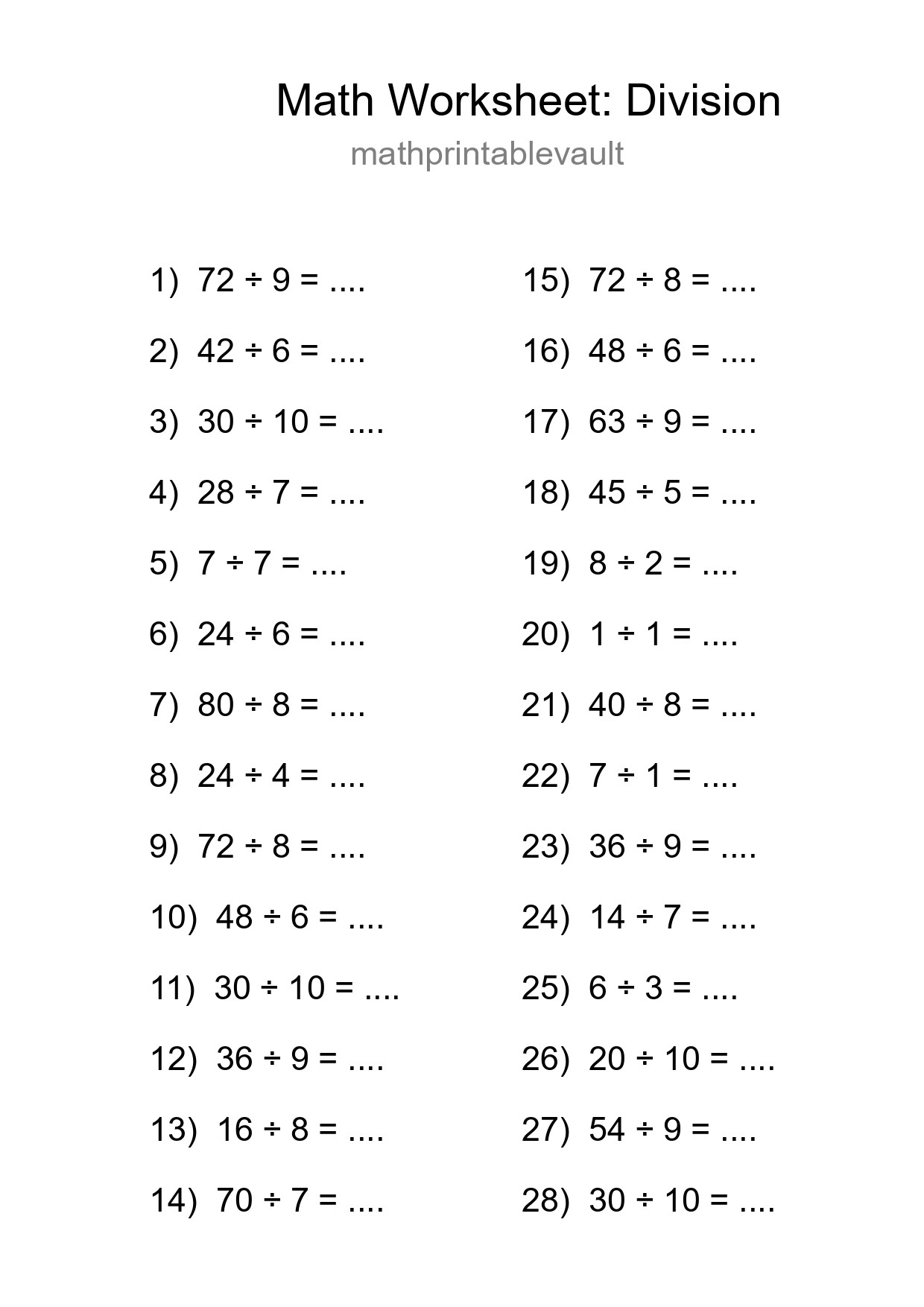 Printable Division Worksheet for Grade 1