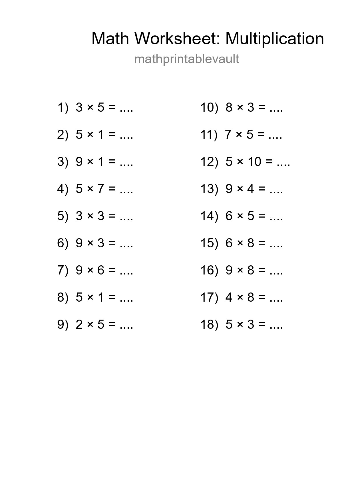 Printable Multiplication Worksheet for Grade 1