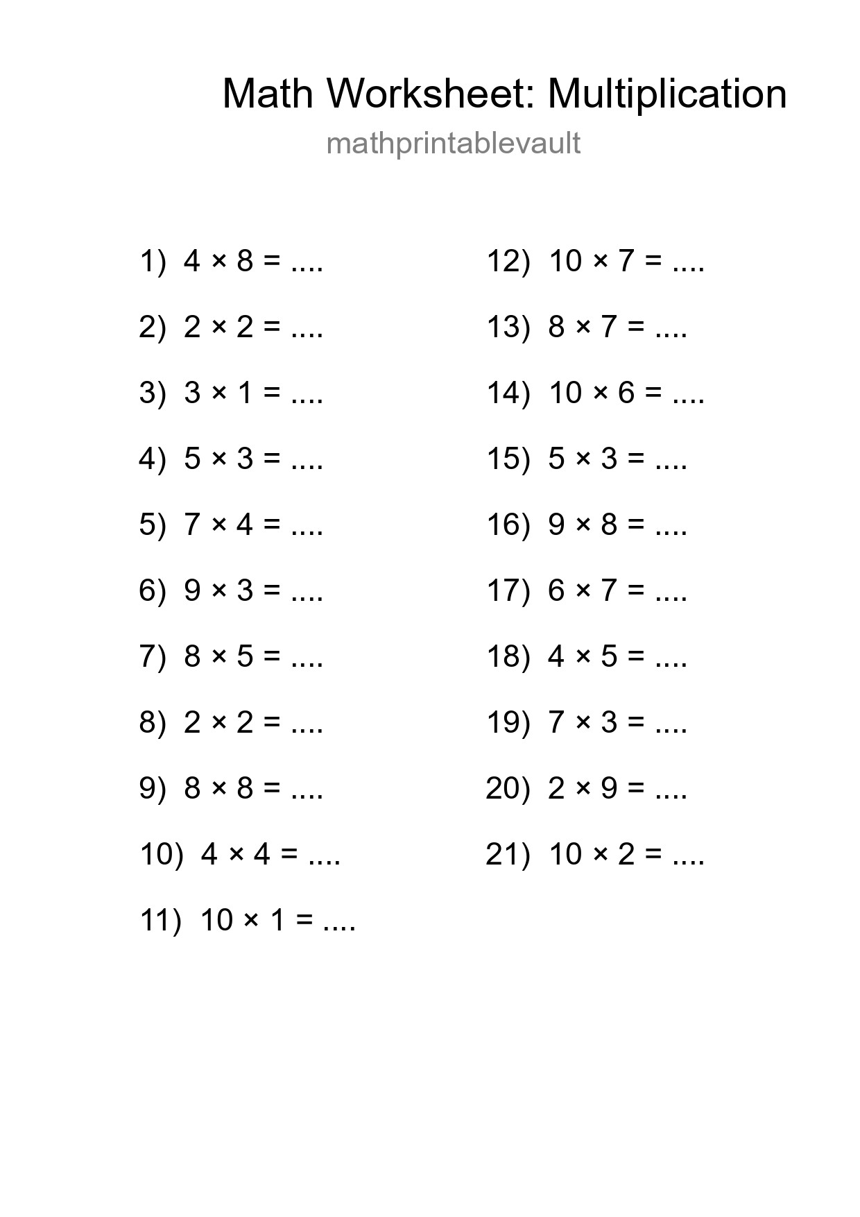 Printable Multiplication Worksheet for Grade 1