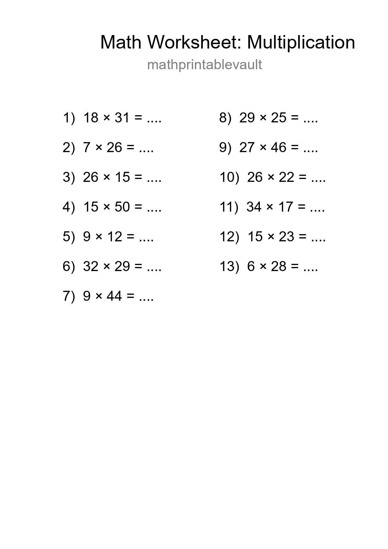 Printable Multiplication Worksheet for Grade 2